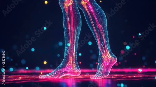 A digital representation of human legs with glowing joints and vibrant particles.