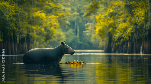 A Charming Encounter with a Lowland Tapir Delighting in Its Fruity Treats Amidst South America's Lush Landscapes photo