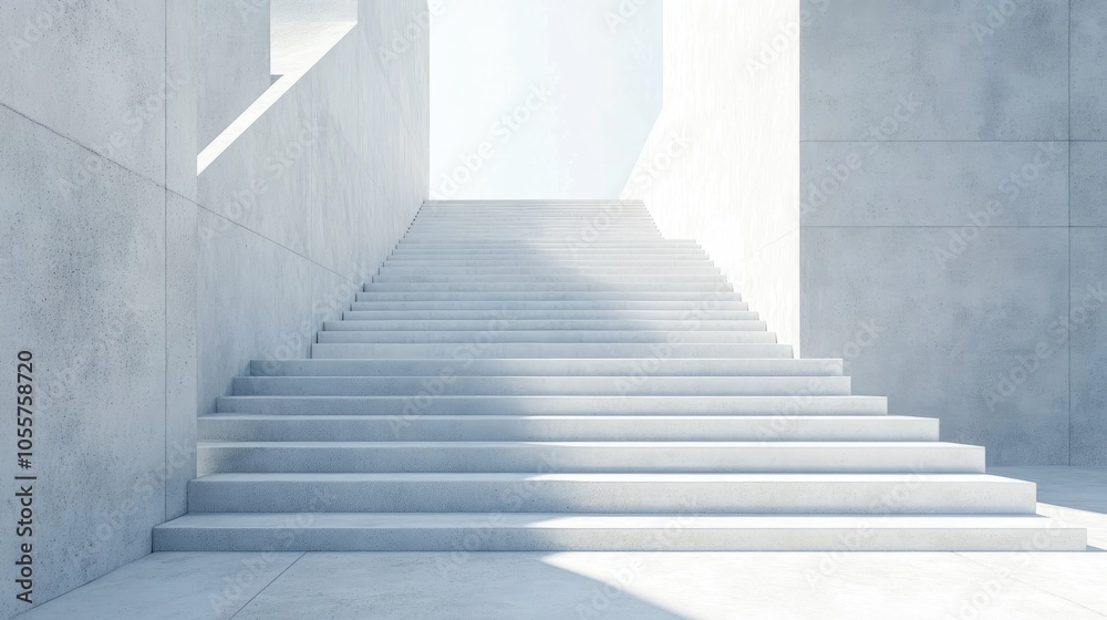 A towering expanse of flawless white concrete steps conveys a sense of achievement providing plenty of empty space for creative composition A towering expanse of flawless white concrete steps conveys a sense of achievement providing plenty of empty space for creative composition