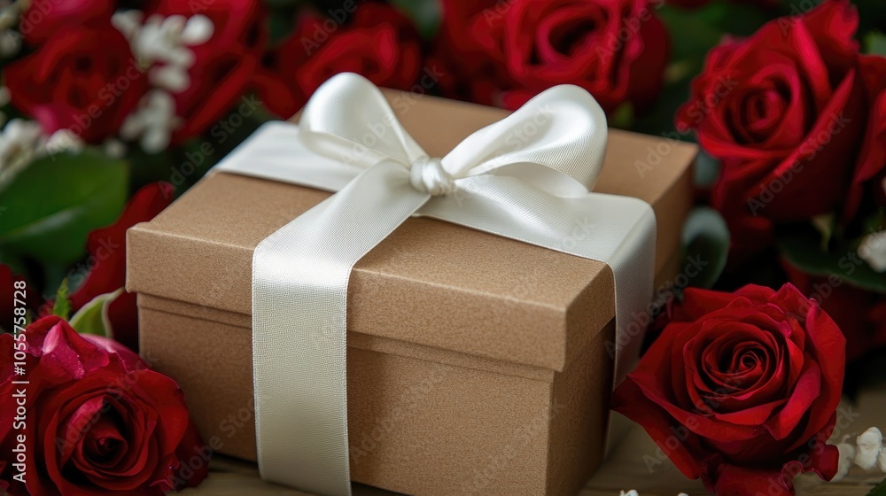 Gift box adorned with a white ribbon accompanied by a bouquet of red roses Gift box adorned with a white ribbon accompanied by a bouquet of red roses