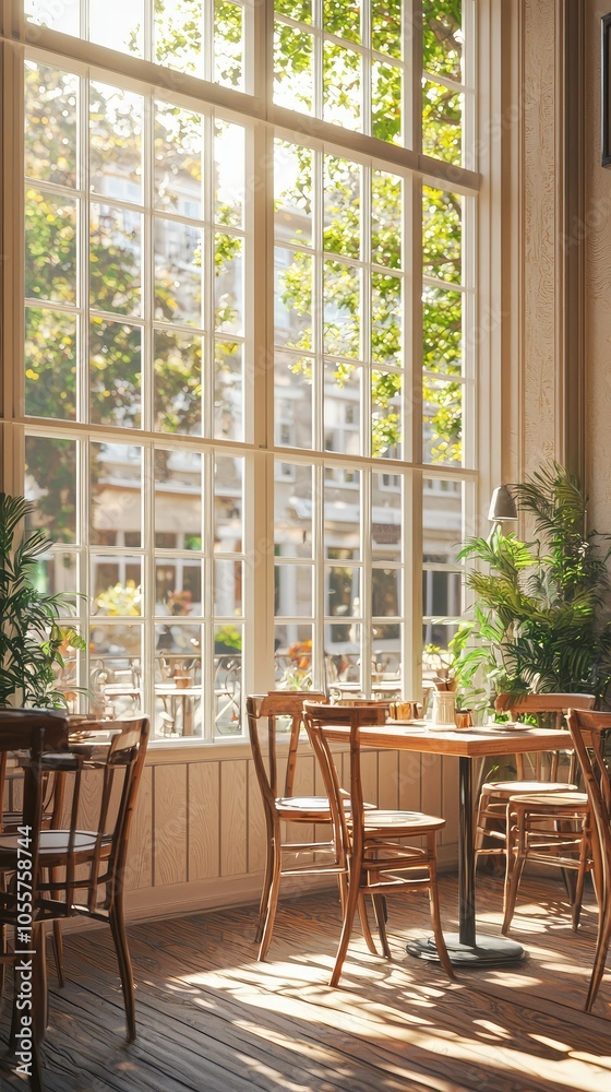 Bright and Inviting Cafe Interior with Large Windows Bright and Inviting Cafe Interior with Large Windows