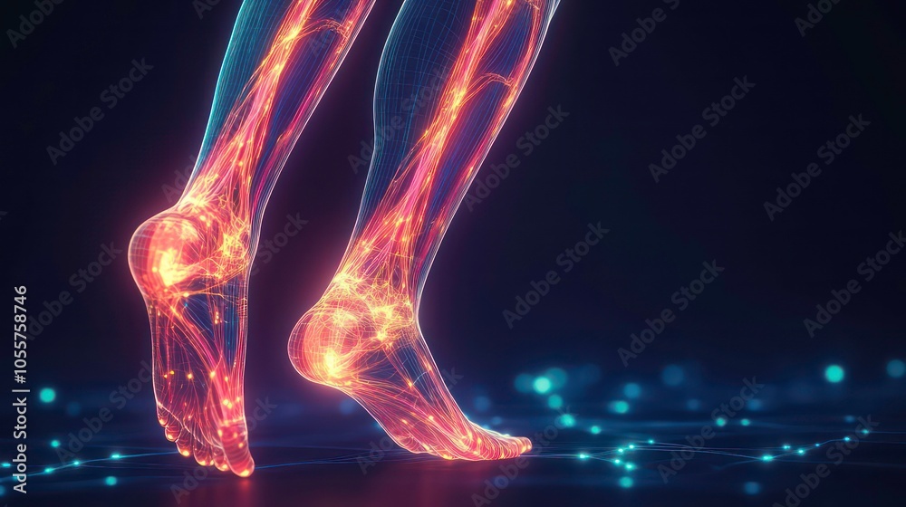 A digital illustration of human legs showcasing glowing neural pathways and connections.