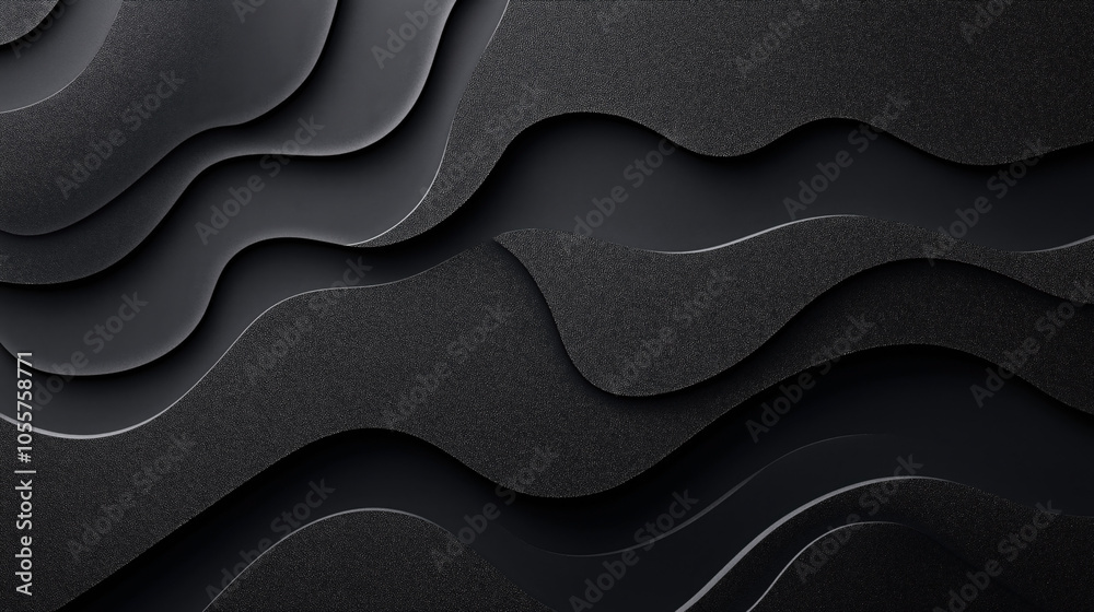 Abstract composition featuring layered dark textured wavy curves and shapes creating a three-dimensional effect with smooth and seamless transitions and shadows