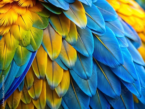 Close-up Aerial Photography of Macaw Feathers in Vivid Blue and Bright Yellow Contrast