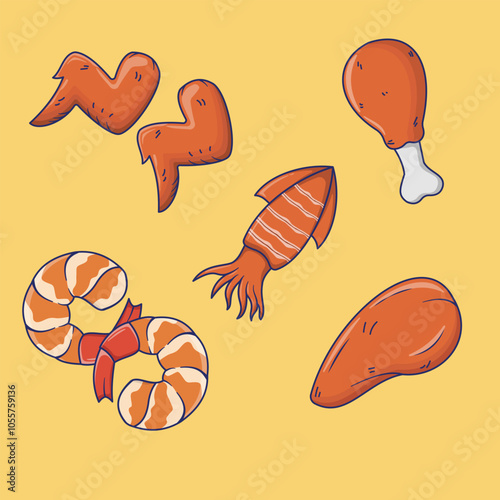 Seafoods Meats Vector Illustration, Grilled Foods Illustration, Foods Icon, Meats Vector