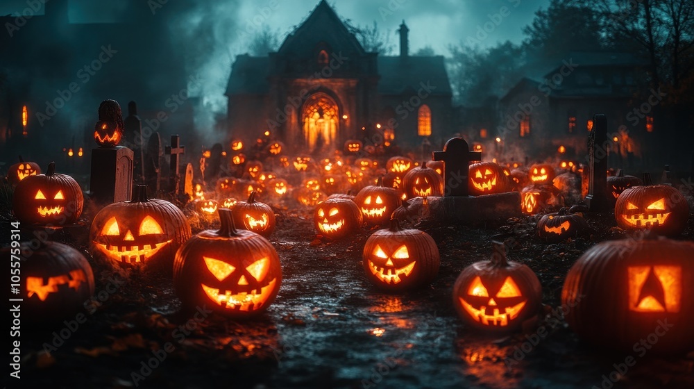 Spooky Halloween scene with glowing jack-o'-lanterns in a graveyard. Spooky Halloween scene with glowing jack-o'-lanterns in a graveyard.