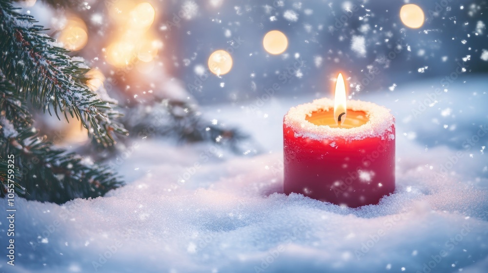 Festive candle surrounded by snow and a tree featuring ample copy space Festive candle surrounded by snow and a tree featuring ample copy space