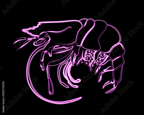 The brightly lit neon shrimp displays its striking colors and intricate details in low light