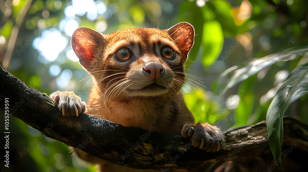 Fototapeta premium An Observant Fossa in Madagascar's Peaceful Jungles, Surrounded by Herbaceous Life