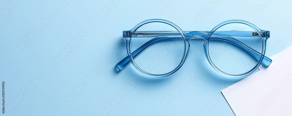Stylish blue glasses resting on a light blue surface, minimalistic design. Stylish blue glasses resting on a light blue surface, minimalistic design.