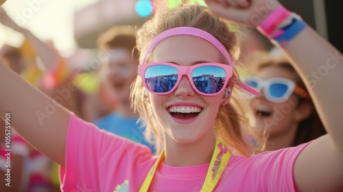 Joyful Young Woman at Colorful Outdoor Festival