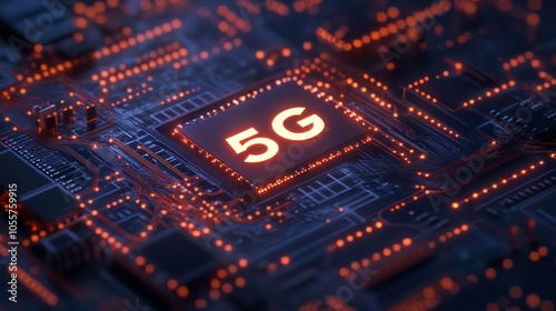 A close-up of a circuit board featuring a prominent 5G chip illuminated by lights.