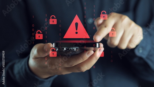 Cyberattack cybercrime hacker smartphone. Internet web hack technology. Digital mobile phone in Scammer hand. Data protection.