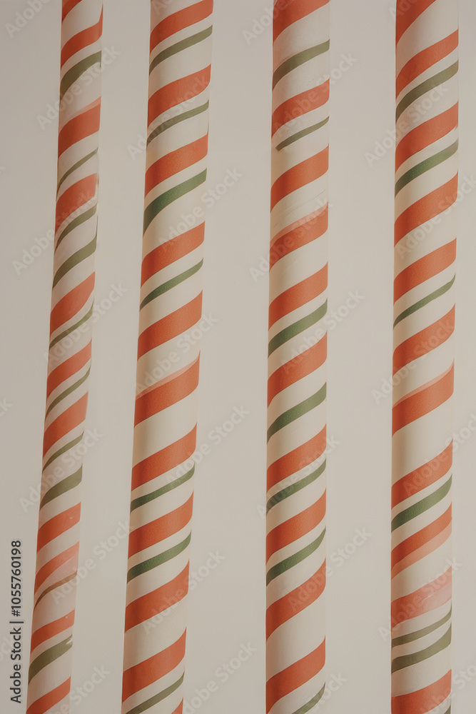 Colorful striped patterns in red, white, and green for holiday decor on a smooth backdrop. Colorful striped patterns in red, white, and green for holiday decor on a smooth backdrop.