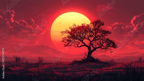 Silhouetted Tree Against a Large Red Sun and Cloudy Sky