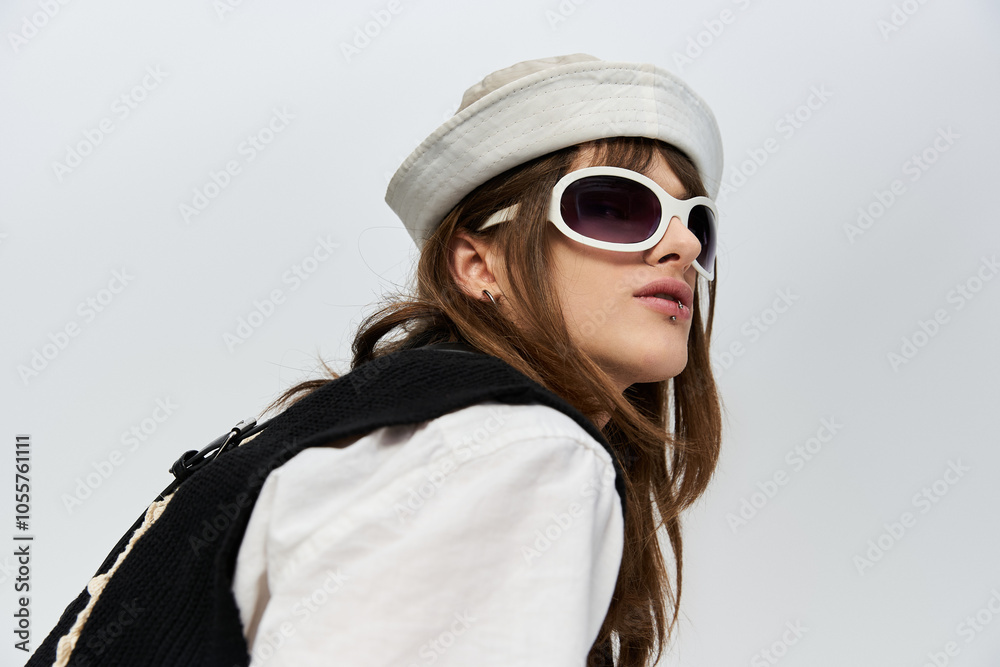 A fashionable young man poses confidently, highlighting his trendy outfit and distinctive shades. A fashionable young man poses confidently, highlighting his trendy outfit and distinctive shades.
