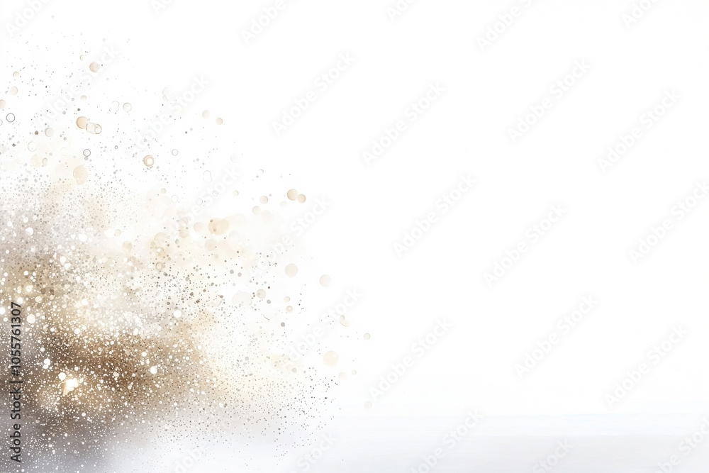 Abstract golden glitter explosion against a white background, perfect for design and artistic projects.