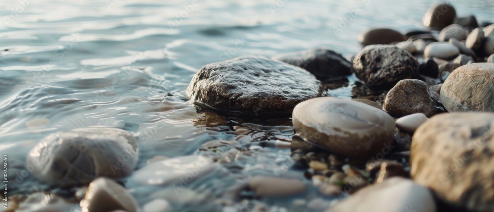 Obraz premium Smooth stones bask in the gentle embrace of rippling water, portraying a serene shoreline moment.