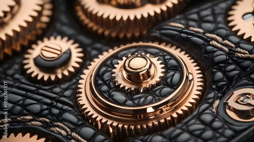 An Elaborate Composition of Spilled Brass Gears Over a Textured Black Leather Surface Showcasing Industrial Design and Luxurious Craftsmanship An Elaborate Composition of Spilled Brass Gears Over a Textured Black Leather Surface Showcasing Industrial Design and Luxurious Craftsmanship
