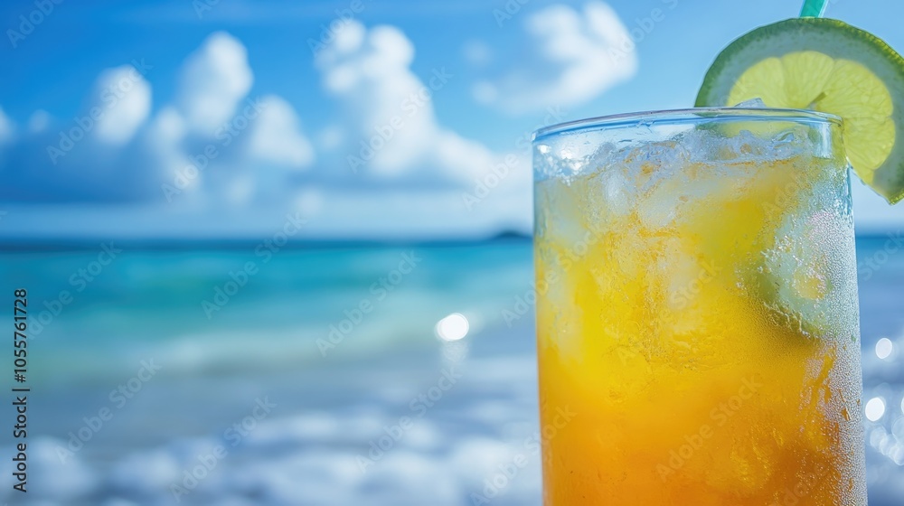 Close up of a revitalizing tropical beverage by the shore