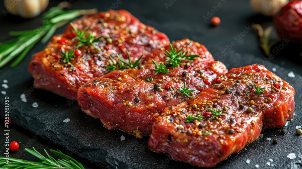 Marinated meat seasoned with aromatic spices ready for grilling Fresh raw meat prepared for a flavorful grilling experience Marinated meat seasoned with aromatic spices ready for grilling Fresh raw meat prepared for a flavorful grilling experience