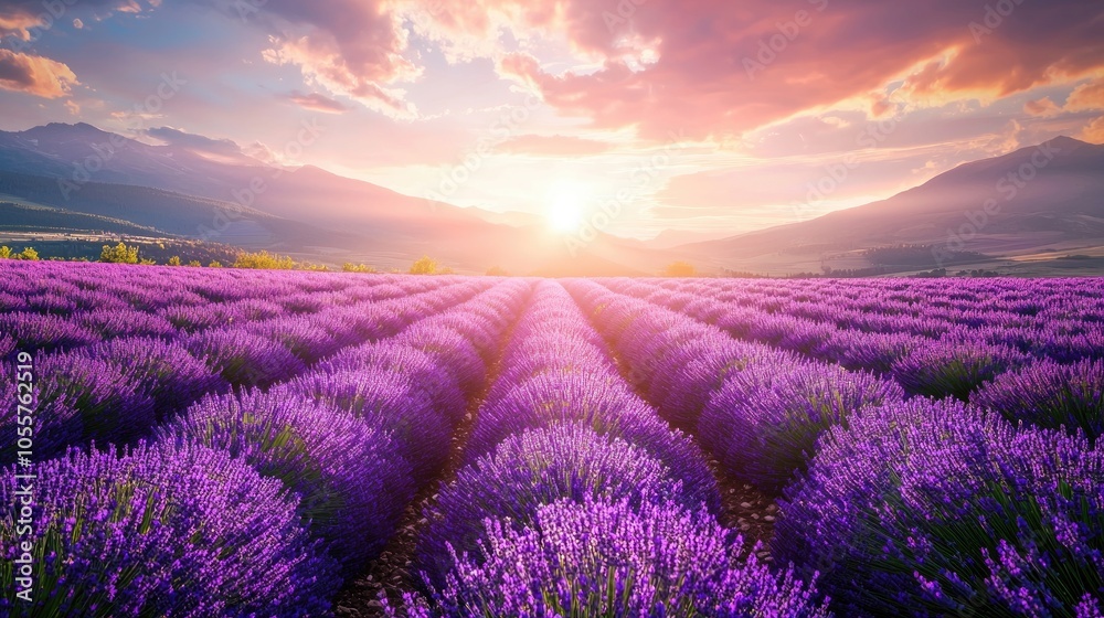 Landscape With Sunrise In A Beautiful Lavender Field Fantastic View Summer Scenic View Lavender Flowers Are Used To Make Cosmetics And Essential Oils Landscape With Sunrise In A Beautiful Lavender Field Fantastic View Summer Scenic View Lavender Flowers Are Used To Make Cosmetics And Essential Oils