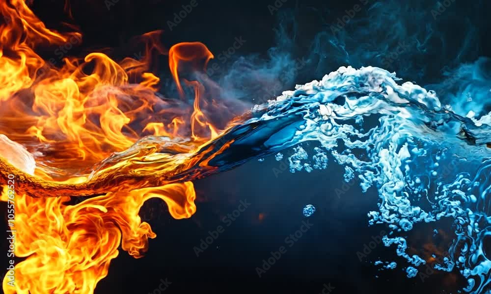 vivid interplay of fire and water burning flame and water wave