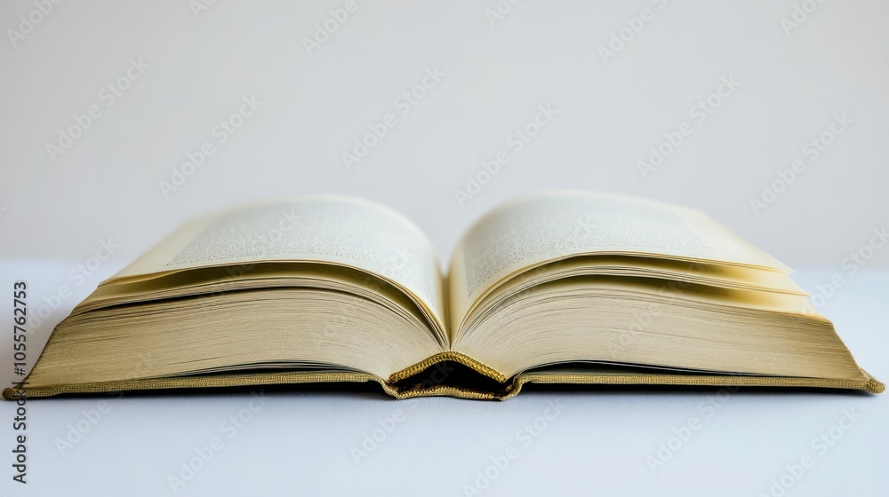 An Open Book with Gold-Trimmed Edges, Laying on a White Surface An Open Book with Gold-Trimmed Edges, Laying on a White Surface
