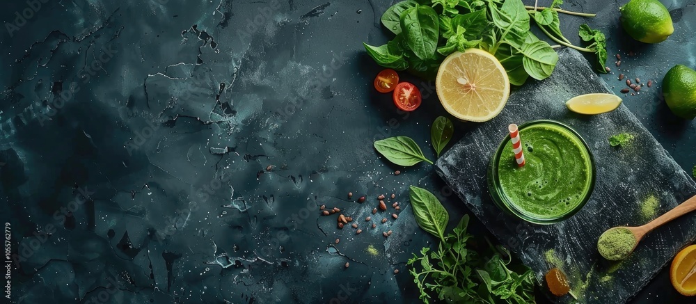 Blended Green Smoothie With Ingredients On The Stone Board Wooden Table Selective Focus Blended Green Smoothie With Ingredients On The Stone Board Wooden Table Selective Focus