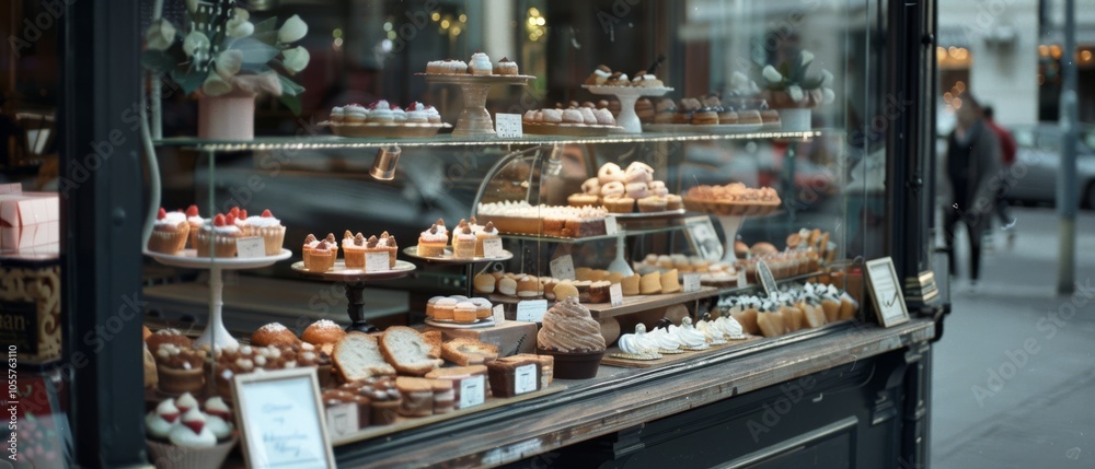 A display of delectable pastries and cakes in a bakery shop window, tempting and inviting the appetites of passersby with their sweetness. A display of delectable pastries and cakes in a bakery shop window, tempting and inviting the appetites of passersby with their sweetness.