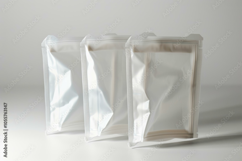 Three blank white doypacks standing on white background, useful for food packaging mock up