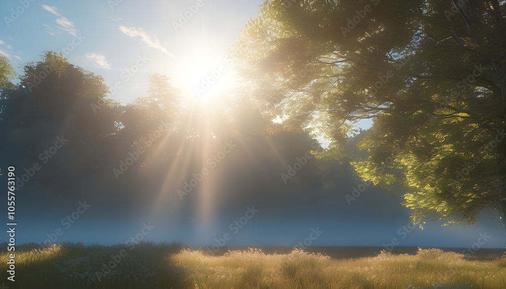 The morning sunlight breaks through soft clouds in a clear blue sky, with soft flares, looking peaceful. The morning sunlight breaks through soft clouds in a clear blue sky, with soft flares, looking peaceful.