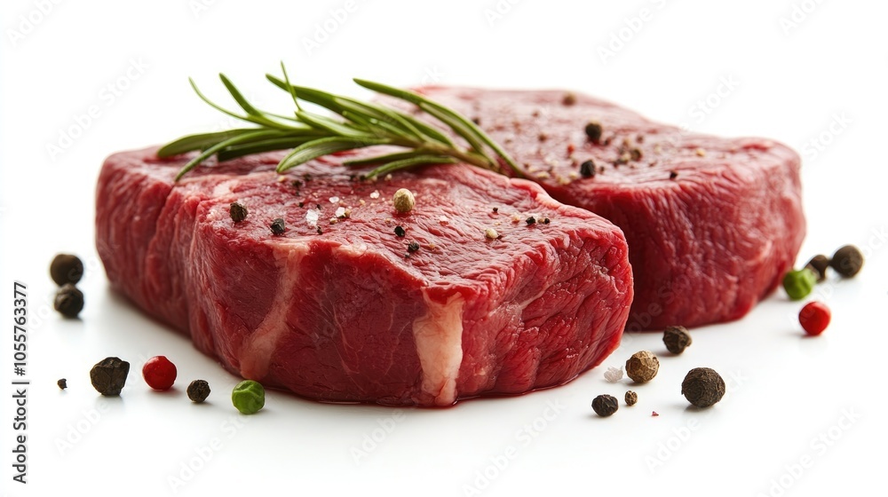 Raw beef steaks on a white background showcasing a food preparation theme Raw beef steaks on a white background showcasing a food preparation theme