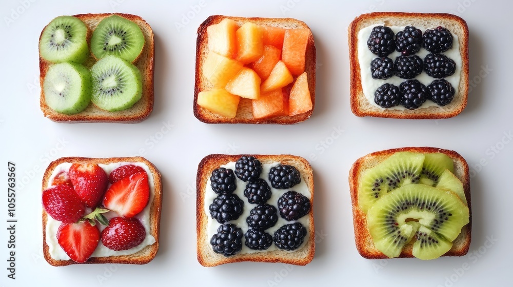 Vegetable fruit and berry topped toasts for a healthy meal viewed from above Vegetable fruit and berry topped toasts for a healthy meal viewed from above