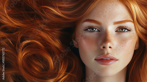 Stunning woman with flowing red hair and striking eyes