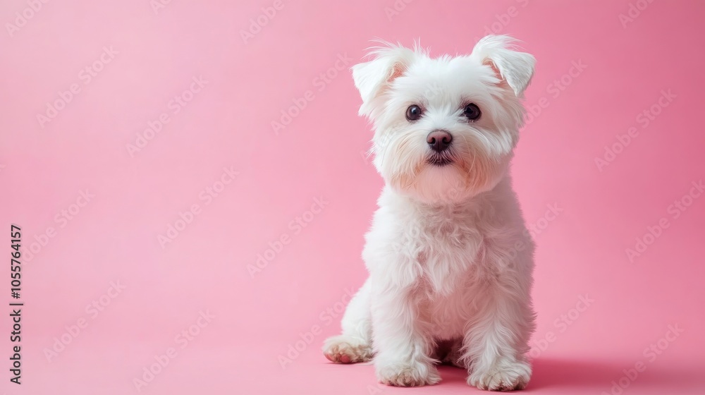 Cute white dog poses against a pink backdrop Cute white dog poses against a pink backdrop