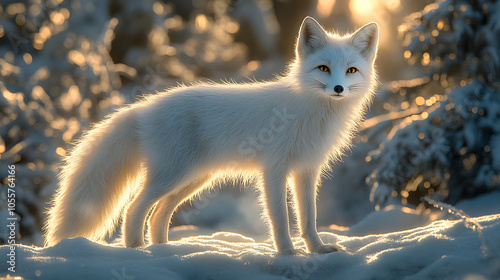 An Enchanting National Geographic Style Image of a Solitary White Fox in a Vast, Snow-Covered Wilderness with Frosty Trees