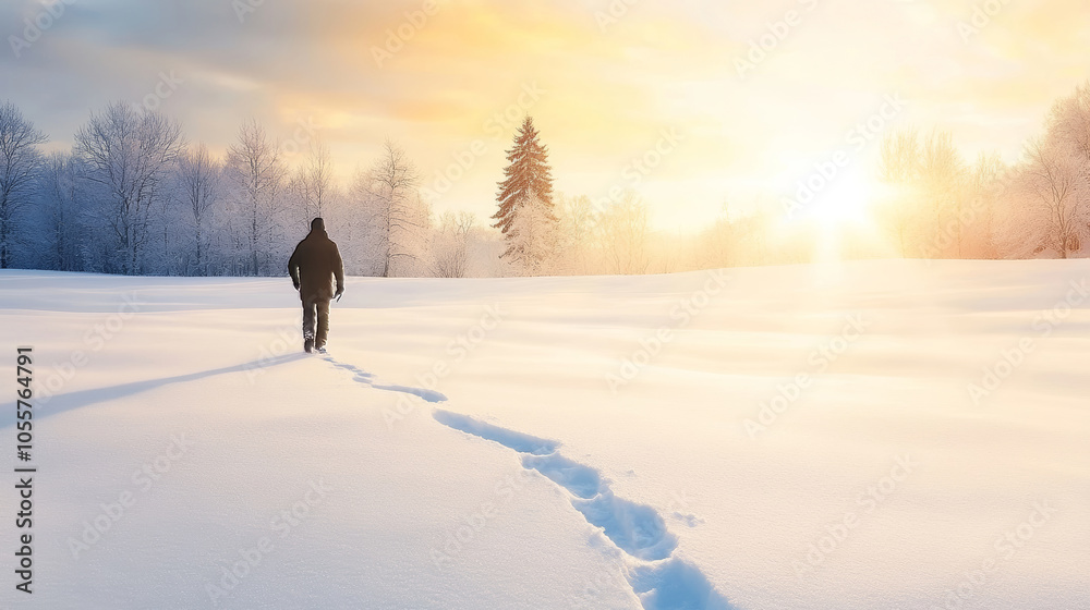 Hiker creating tracks in the snow at sunset in stunning winter scenery Hiker creating tracks in the snow at sunset in stunning winter scenery