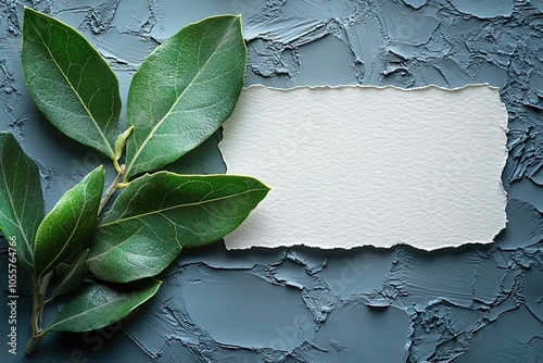 A serene layout featuring a cluster of green leaves alongside a blank, torn-edge paper on a textured blue background, perfect for adding personalized notes or designs in a natural aesthetic