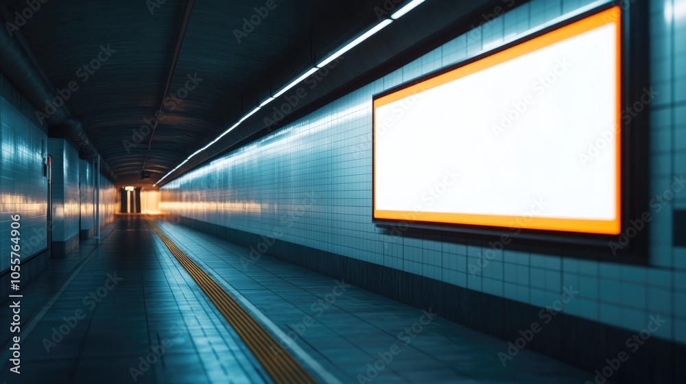 Empty digital billboard mockup in a dimly lit corridor of a train station featuring a vacant screen for potential advertisements in an industrial setting Empty digital billboard mockup in a dimly lit corridor of a train station featuring a vacant screen for potential advertisements in an industrial setting