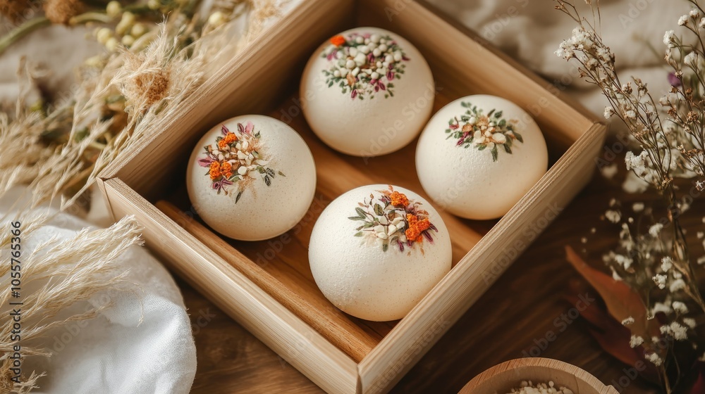 Luxury herbal bath bomb box with floral design and wooden accents showcasing beauty and relaxation elements Luxury herbal bath bomb box with floral design and wooden accents showcasing beauty and relaxation elements