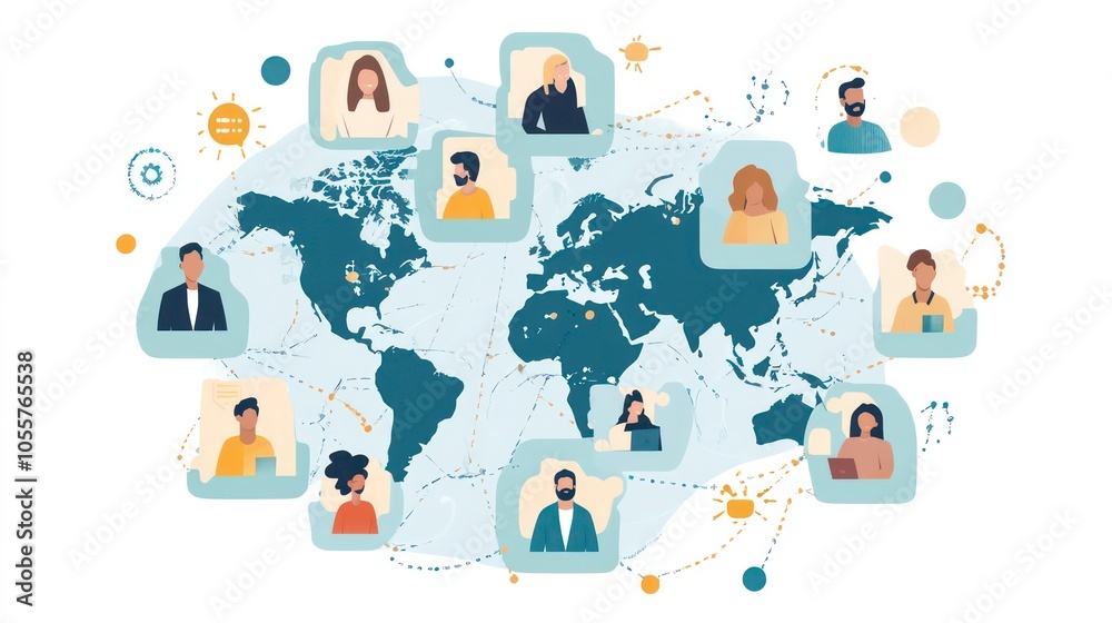 Illustration of a global network with diverse people connected through digital communication. Illustration of a global network with diverse people connected through digital communication.