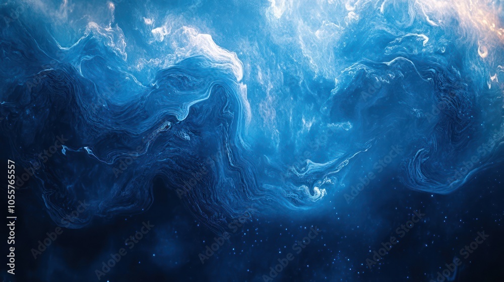 Obraz premium Abstract blue and white swirling clouds in a dark blue background.