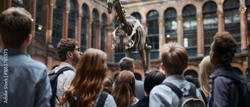 A group of people, backs turned, gaze up at a towering dinosaur skeleton, set against the backdrop of an architectural museum hall. photo