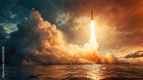 Dynamic Naval Missile Launch at Sunset