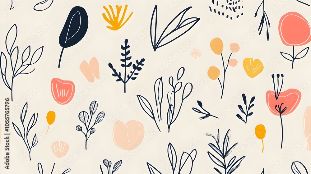 Subtle Botanical Doodles with Minimalist Line Art on Clean Background Subtle Botanical Doodles with Minimalist Line Art on Clean Background