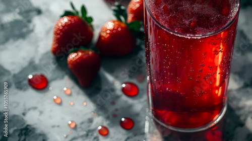 A close-up of a clear glass containing rich red water, placed on a marble countertop, with droplets of condensation on the glass and a few fresh strawberries scattered around