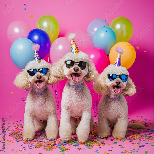 Three happy cute  jumping poodle dogs with sunglasses and birthday hat against pink background photo