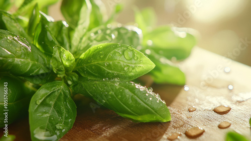 A close-up view of fresh herbs like basil, rosemary, and thyme arranged beautifully on a wooden cutting board, with droplets of water glistening on the leaves under soft natural light