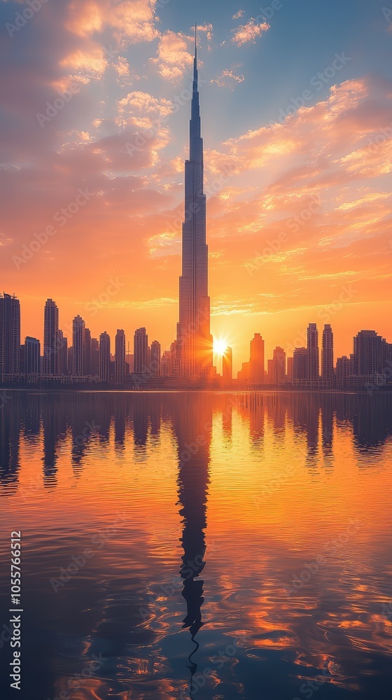 Dramatic City Skyline Reflecting Sunset Light